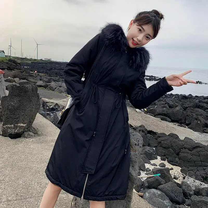 Женское зимнее пальто элегантное корейский стиль длинный рукав с капюшоном