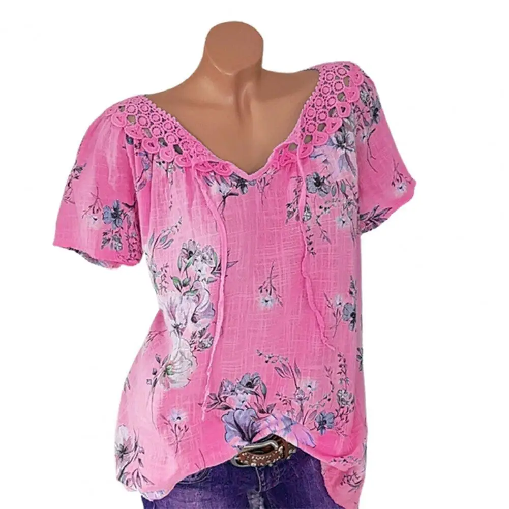 

Women Tshirt Summer Short Sleeve Flower Print Lace Crochet V Neck Female T Shirt Bandage Pullover Office Lady T-shirts