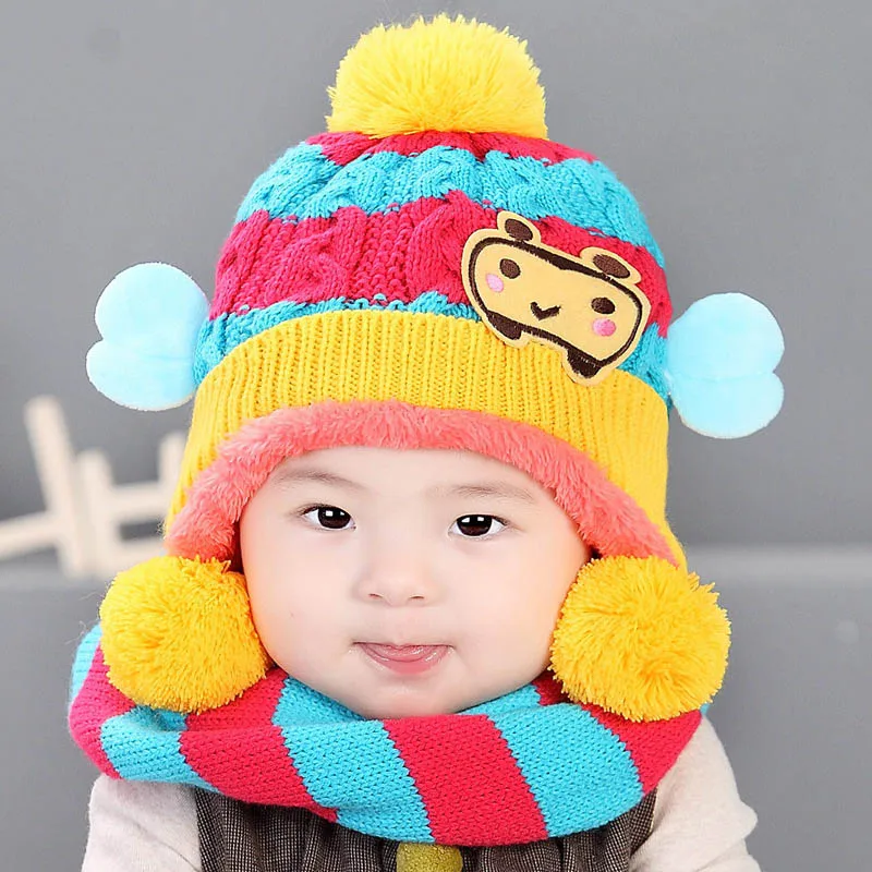 Baby Hats Scarf Set Boy Girl Winter Warm Knitted Hat & 2pcs Infant Pom Cap Children Ball Scarves | Детская одежда и обувь