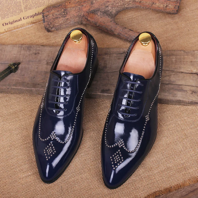 

mens fashion party nightclub wear patent leather shoes pointed toe lace-up oxfords shoe black blue trend gentleman footwear mans