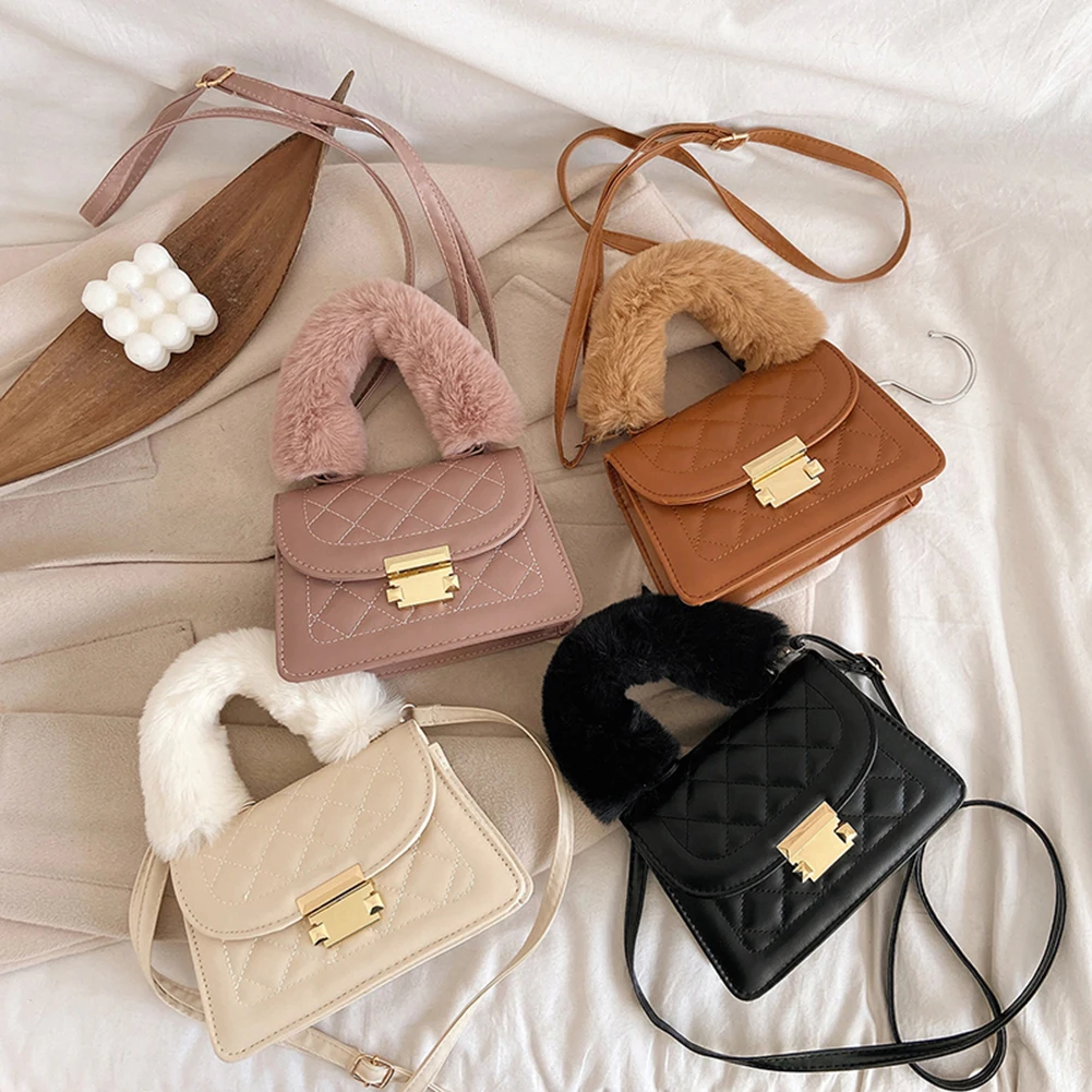 

SFashion Lattice Pattern PU Leather Crossbody Bag Plush Handle Handbags Women Casual Solid Color Commuter Top-handle Bags 2021