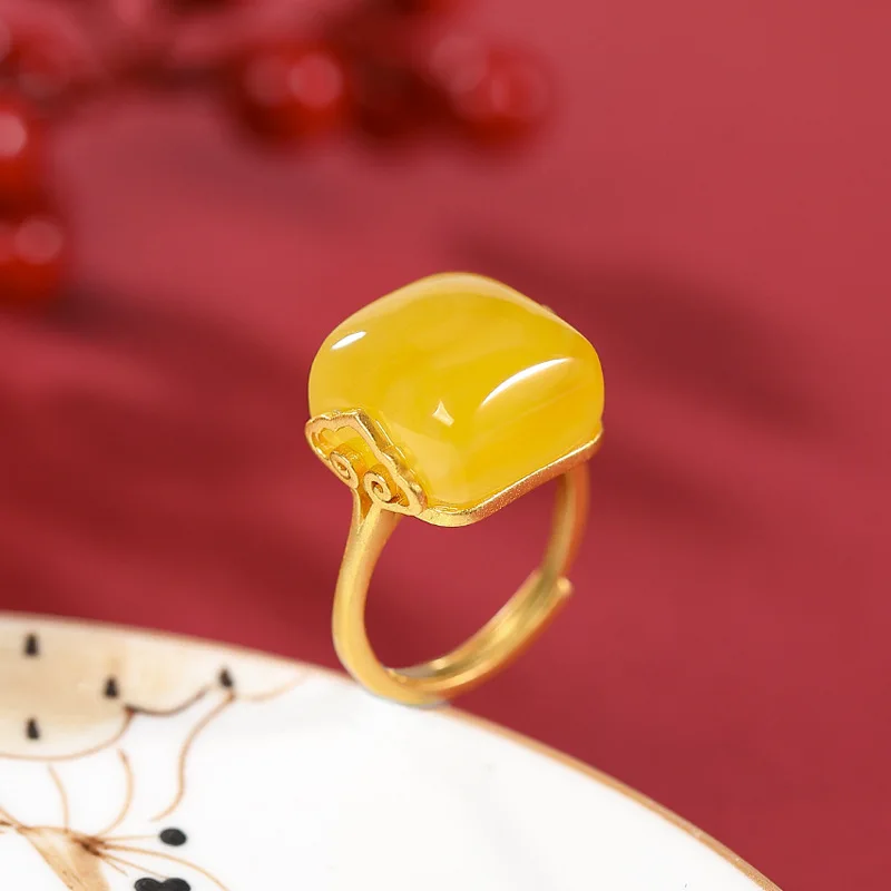 

New S925 Sterling Silver Gilded Natural Amber Beeswax Rings Sweet Wishful Elegant Women Adjustable Fine Jewelry Ring K0118