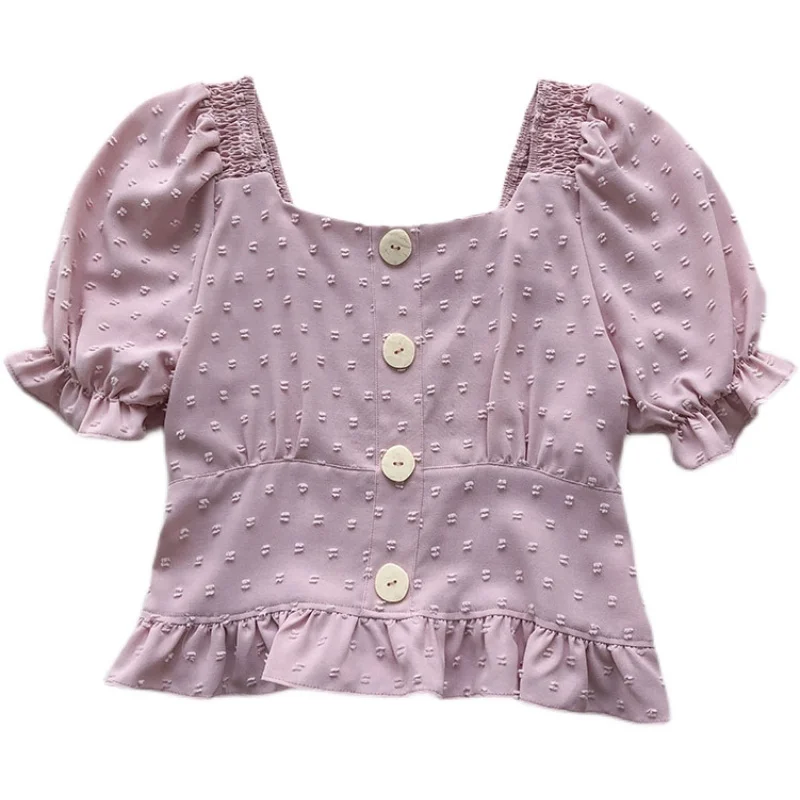 

Kimutomo Puff Sleeve Short Blouse Women 2021 Summer New Korean Fashion Retro Ruffle Slim Square Collar Top Elegant Casual