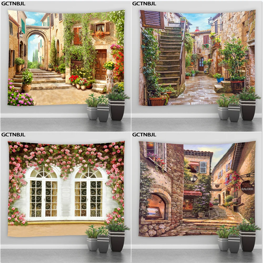 

Landscape Tapestry Street Architecture Flower Plant Scenery Tapestries Hippie Living Room Bedroom Background Wall Hanging Fabric