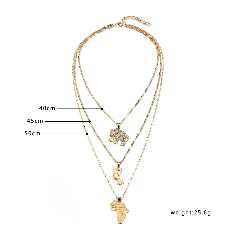 

3 Pcs/Set Gothic Crystal Elephant Pyramid Pharaoh Map Pendant Necklace Gold Egyptian Multilayer Necklace Punk Vintage Jewelry