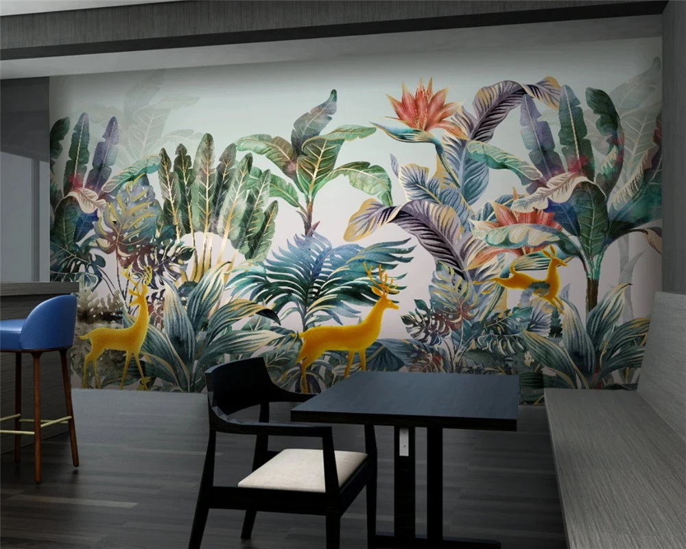 beibehang papier peint Custom hand-painted fashion Nordic tropical plant elk light luxury small fresh background wallpaper | Обустройство
