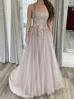 light grey tulle evening dress with lace appliques beads double spaghetti straps a line long prom dresses for formal occasions