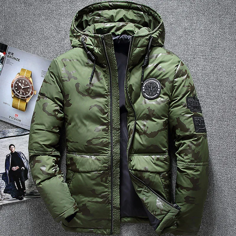 Мужское уличное зимнее пальто на белом утином пуху утепленные ветрозащитные