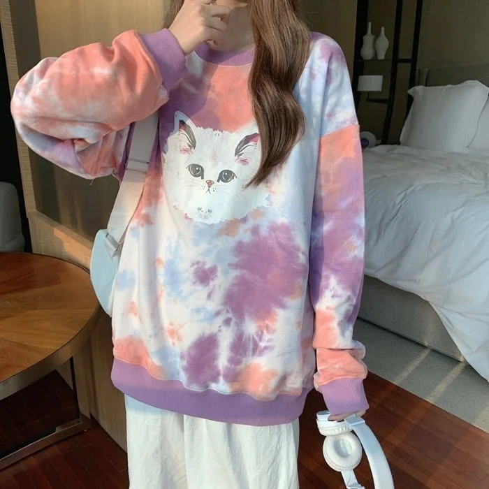 

Осенняя одежда с капюшоном, новинка, свободный принт в Корейском стиле с круглым вырезом и принтом