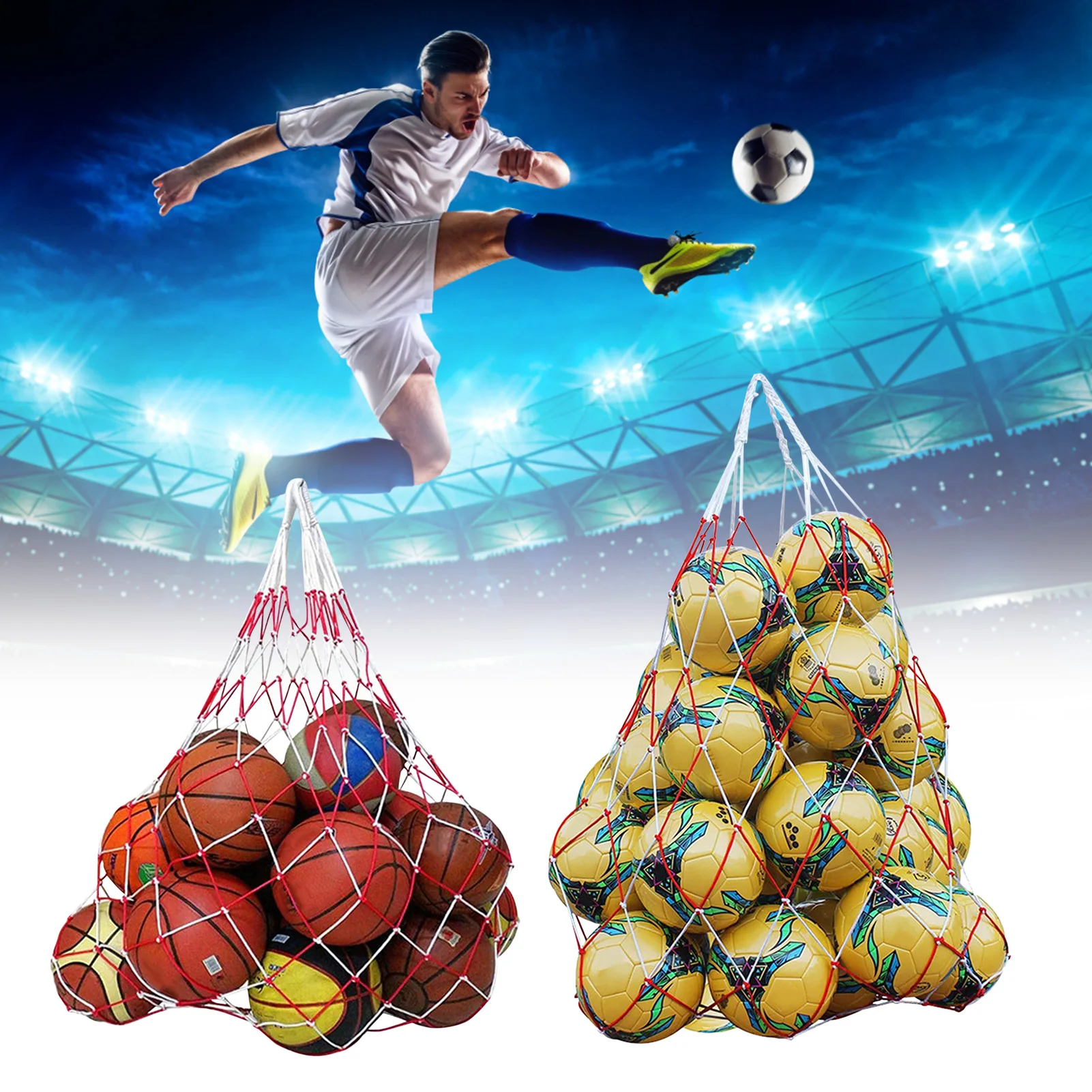 

White-red Lattice Cord Basketball Sports Ball Net Ball Soccer Net Bag Portable Equipment Basketball Volleyball Net Bag Carry Bag