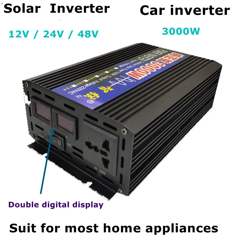 

3000W Solar Inverter Double Digital Display Pure Sine Wave Smart String Car Power Inverter 12V 24V 48V To 220V Voltage Converter
