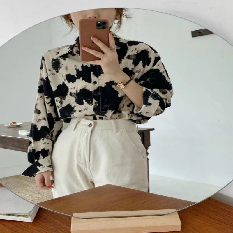 

Woman Shirt Cow Print Women Blouses Vintage Shirt Korean Style Button Up Shirt Loose Long Sleeve Women Spring Women Fashion