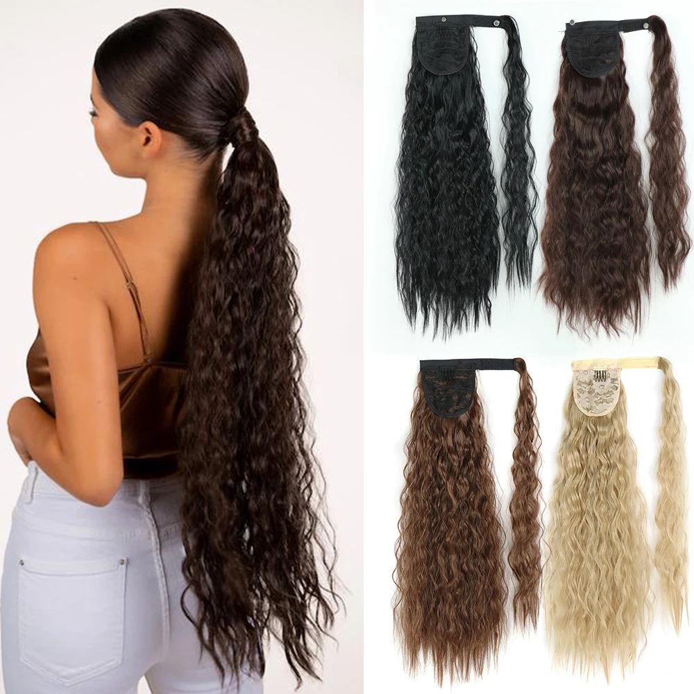 

Synthetic Corn Wavy 22'' 32'' Long Ponytail Hairpiece Wrap on Clip Hair Extensions Ombre Brown Pony Tail Blonde Fack Hair