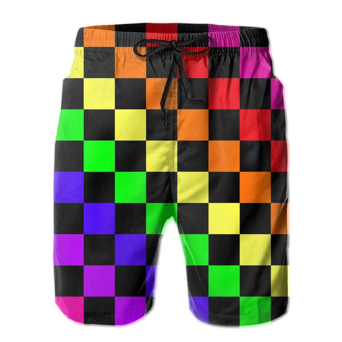 

Beach Breathable Quick Dry Geeky R333 Sports Black Rainbow Checkerboard Pattern Male Shorts