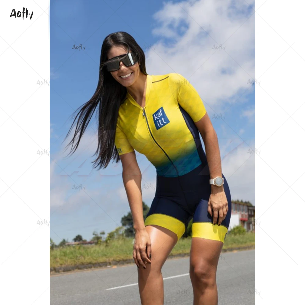 Kafitt желтый синий короткий рукав Пара Велоспорт триатлон костюм Skinsuit Maillot Ropa Ciclismo