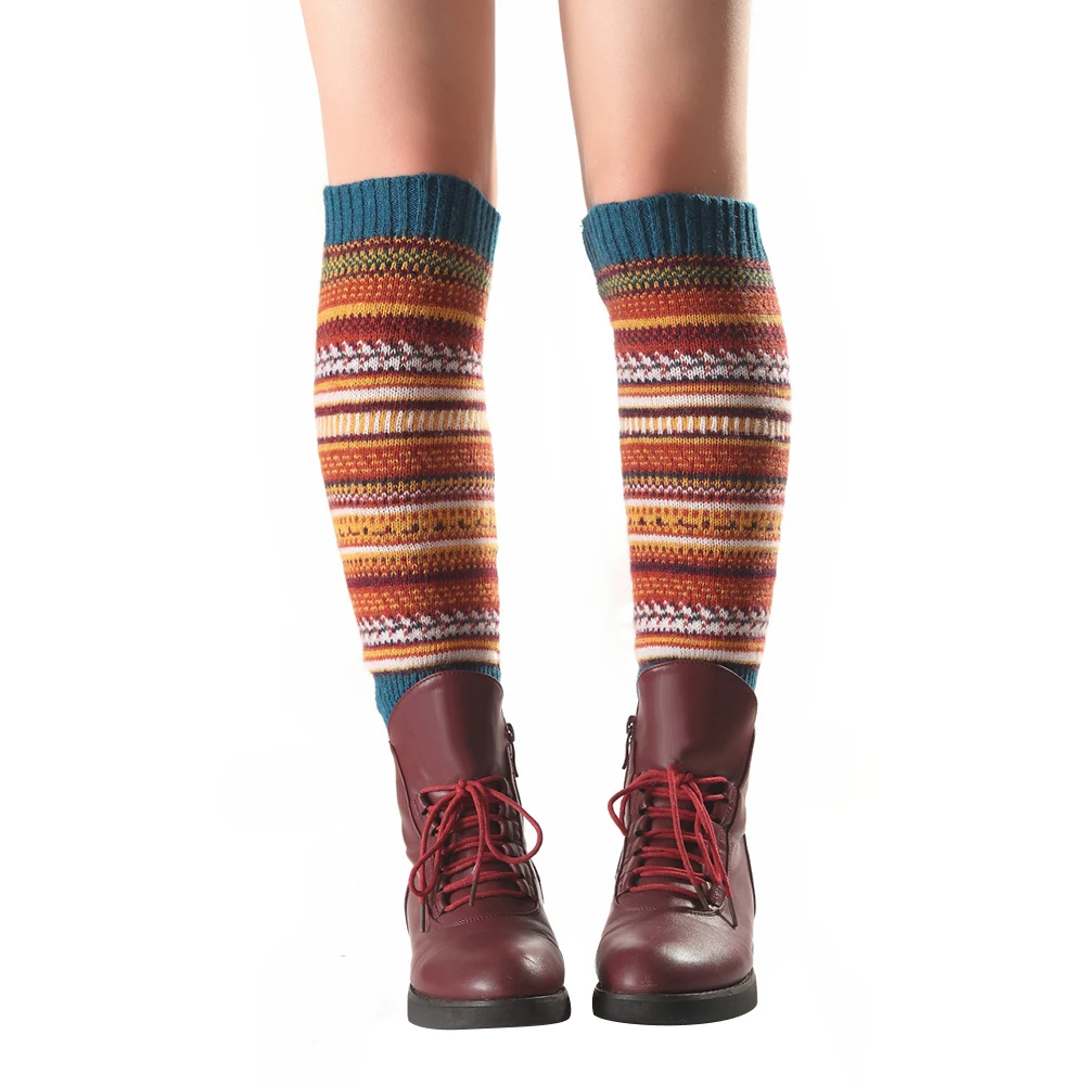 Women Striped Knitted Leg Warmers Winter Footless Knee High Fashion Boot Socks