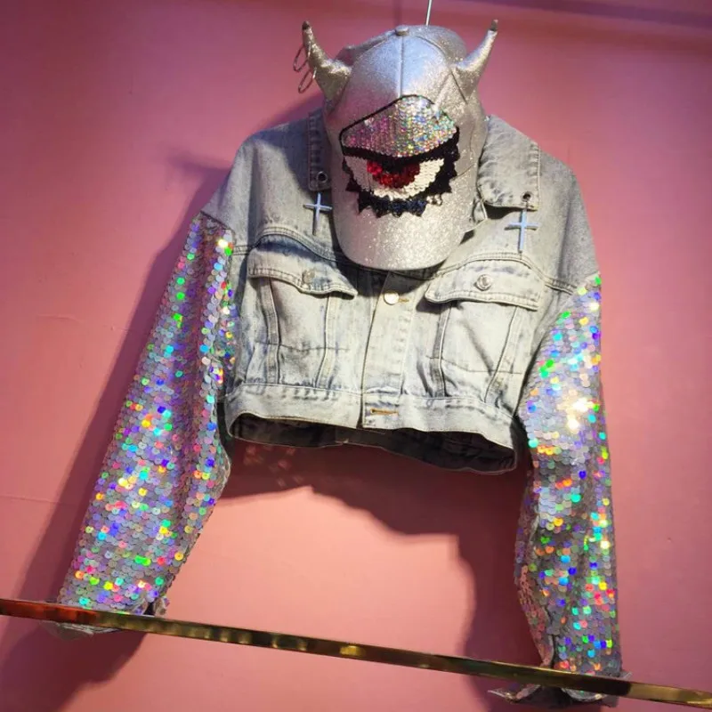 Джинсовая куртка бомбер с блестками ковбойская радужными цветной кардиган