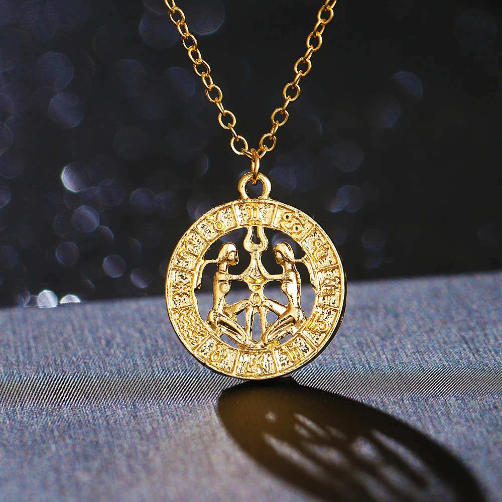 

EN Twelve Horoscope Coin Pendant Necklace For Women Men Gold Clavicle Chain Zodiac Necklace Leo 12 Constellation Jewelry Gift