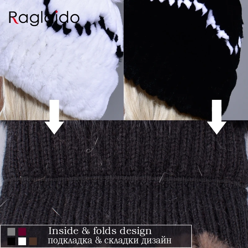

Raglaido knit hat real fur women winter warm rex rabbit natural fur thick stylish girls pompom outdoor fashionable hats caps