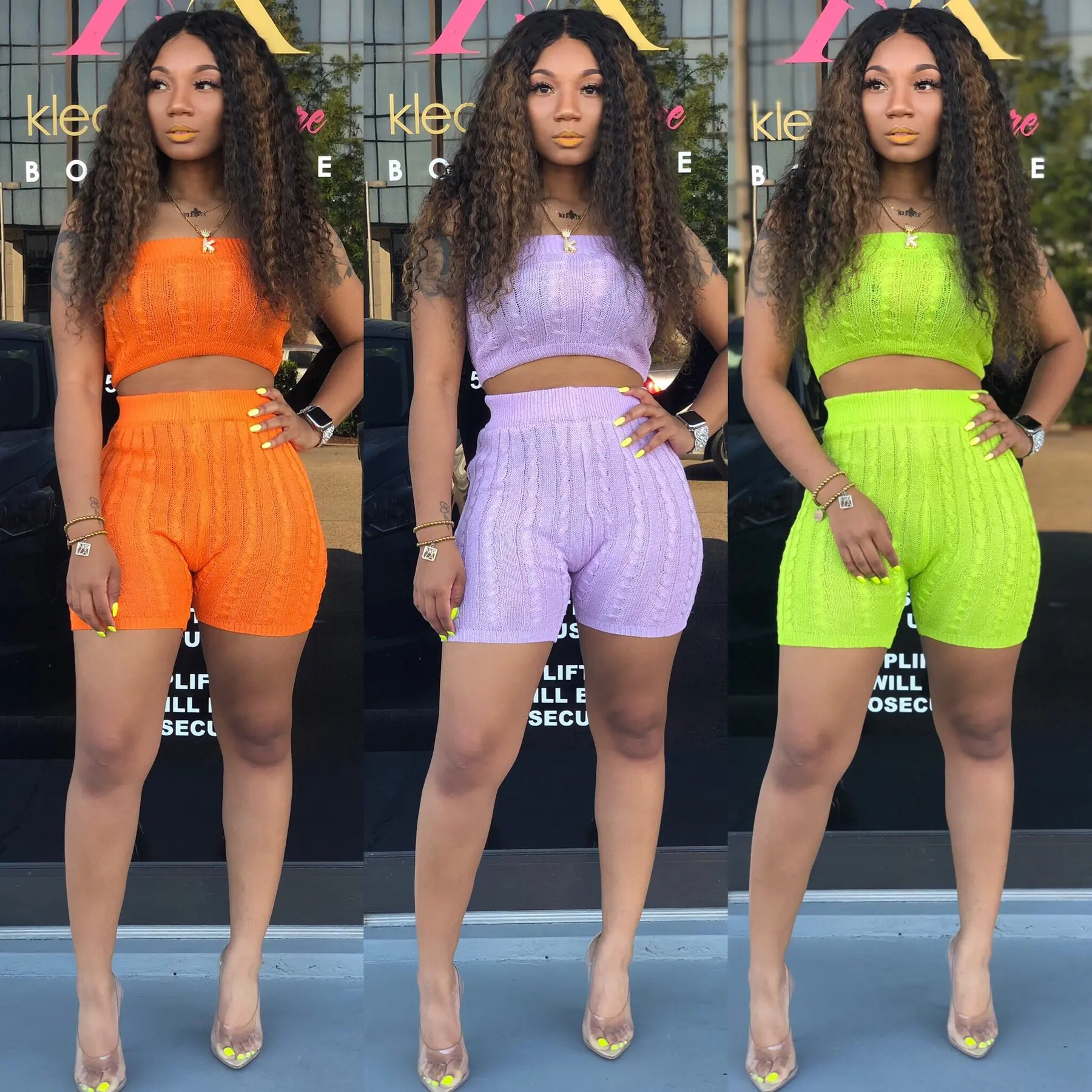 

Adogirl Solid Knited Two Piece Set Women Strapless Sleeveless Tube Crop Top And Skinny Shorts Sexy Night Club Party Outfits