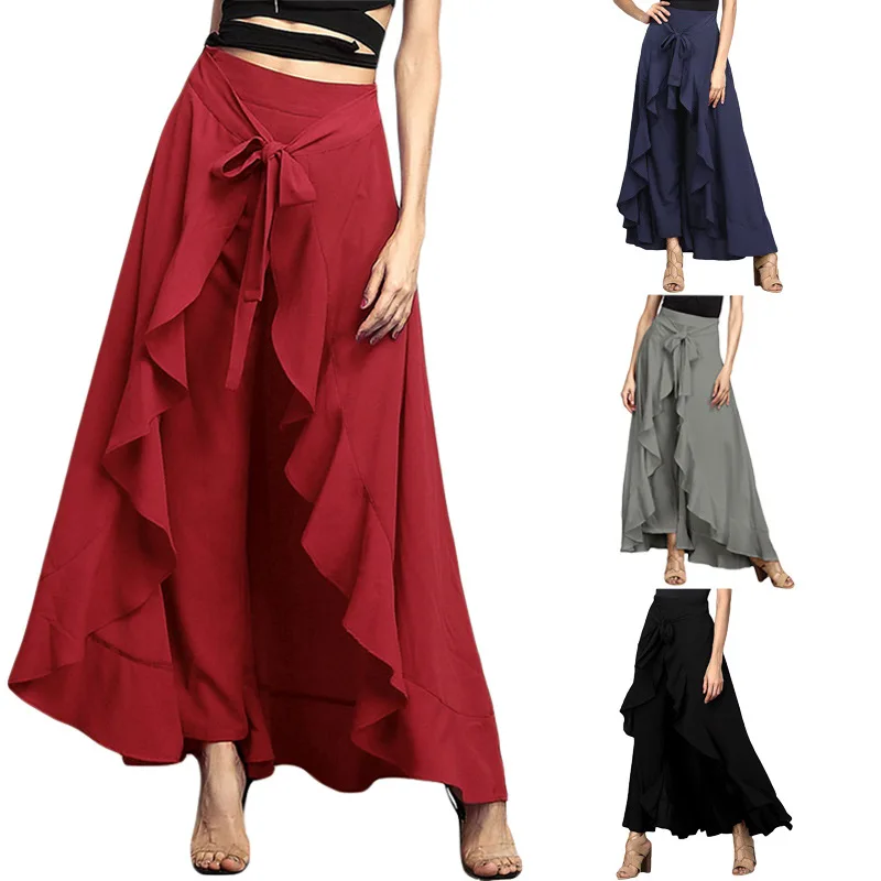 Women's Fashion Tie-Waist Ruffle Palazzo Pants Solid Color Skirts Pant Long Party Maxi Dress Plus Size