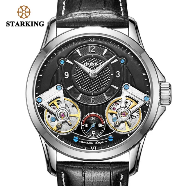 AM0218SL22 STARKING, мужские часы, Топ бренд, роскошные, двойной турбийон, кожа, деловые часы для мужчин, водонепроницаемые, задняя-ветровая сталь, наручные часы - Цвет: AM0218SL22