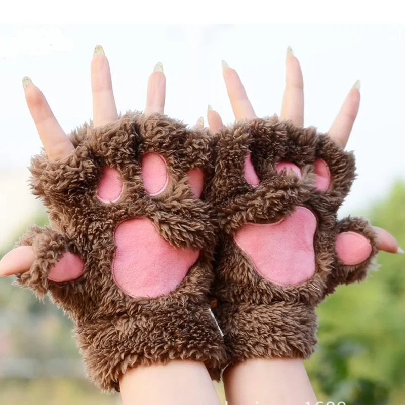 VIIANLES перчатки без пальцев зимние теплые женские медвежьи коты плюшевые лапы
