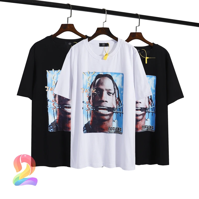 

Travis Scott Feeling T-shirts Men's Women's High Quality Portrait Spray Short-sleeved Oversize Travis Scott Casual Loose Tshirt