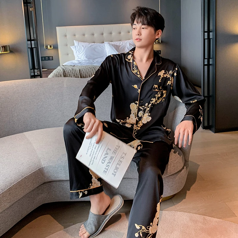 

2021 Spring Women's Pajamas Set Luxury Style Black Golden Flower Print Sleepwear Silk Like Couple Home Clothes Nightwear for Men