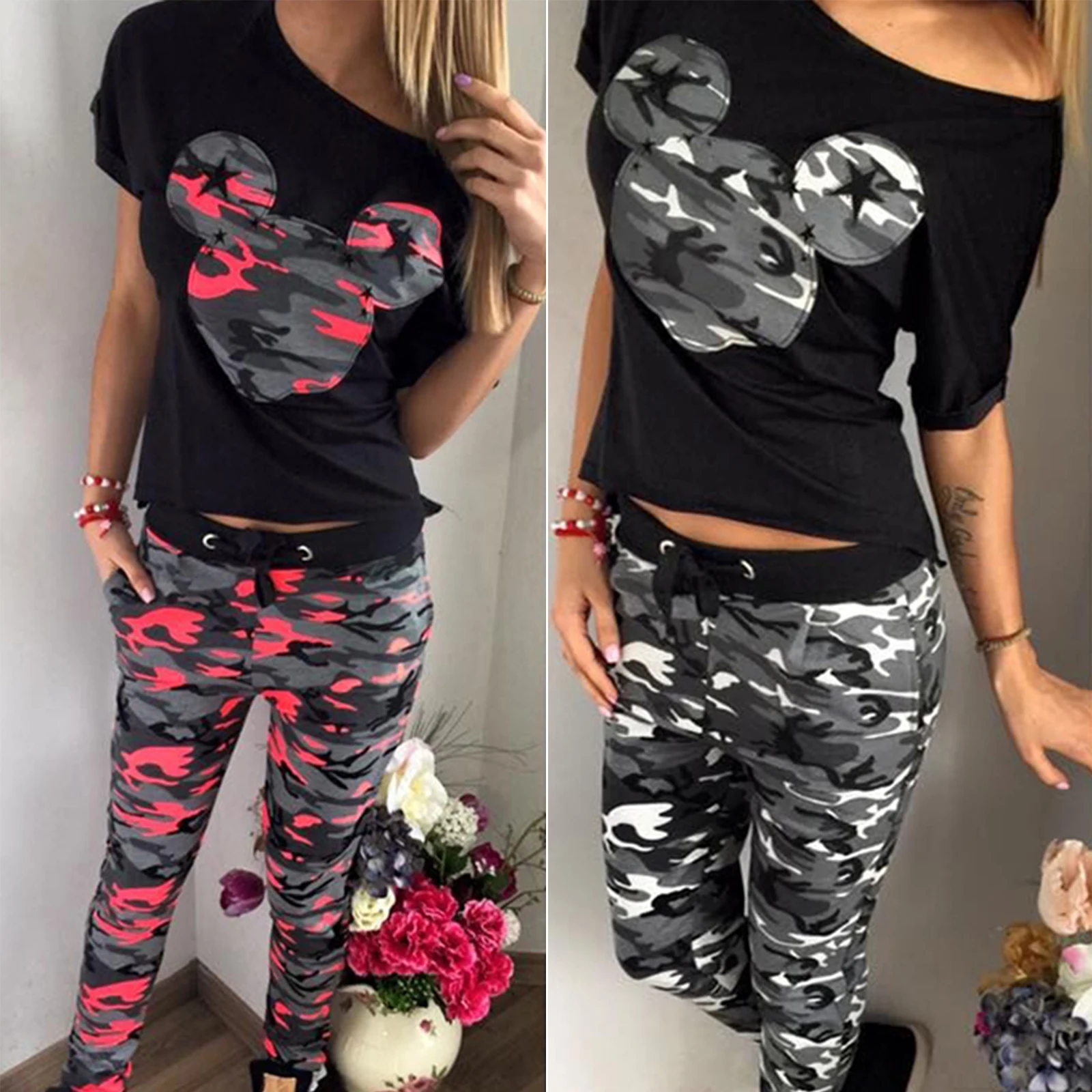 

2 piece set Women Camo Cartoon Animal Printed Short Sleevel Top Caual Pants tracksuit Sports Pant Sets Summer Clothes Women set