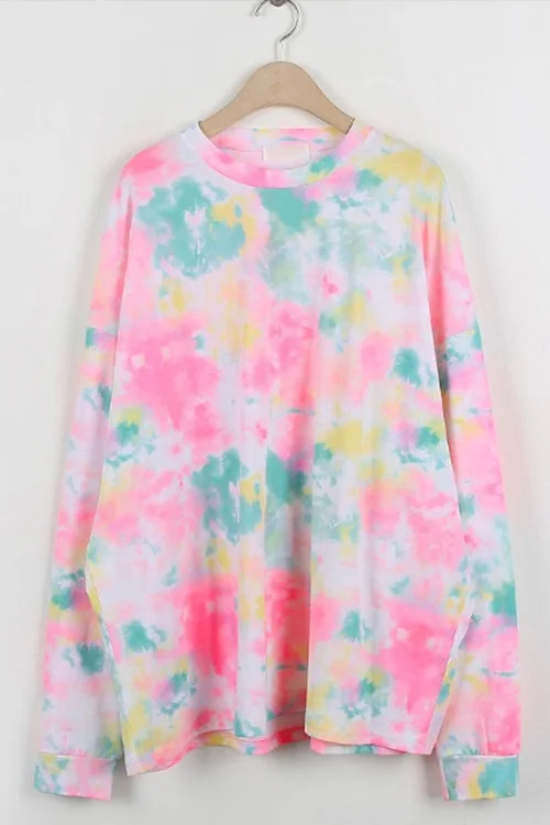 

Long Sleeve Streetwear Harajuku Oversized T-Shirt T Shirt Top Punk Hip Hop Korean Graffiti Contrast Pink Tie Dye Print Women Tee