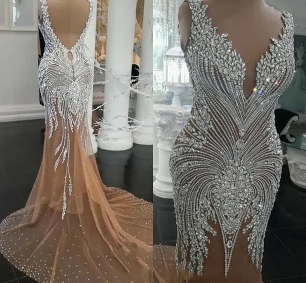 

2021 Arabic Aso Ebi Champagne Prom Dresses Beaded V Neck Evening Dress Mermaid Formal Party Second Reception Gowns