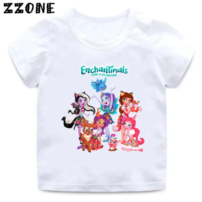 Детская футболка Enchantimals с мультяшным принтом, забавная кавайная одежда для маленьких девочек, футболка для мальчиков, летние детские топы с...