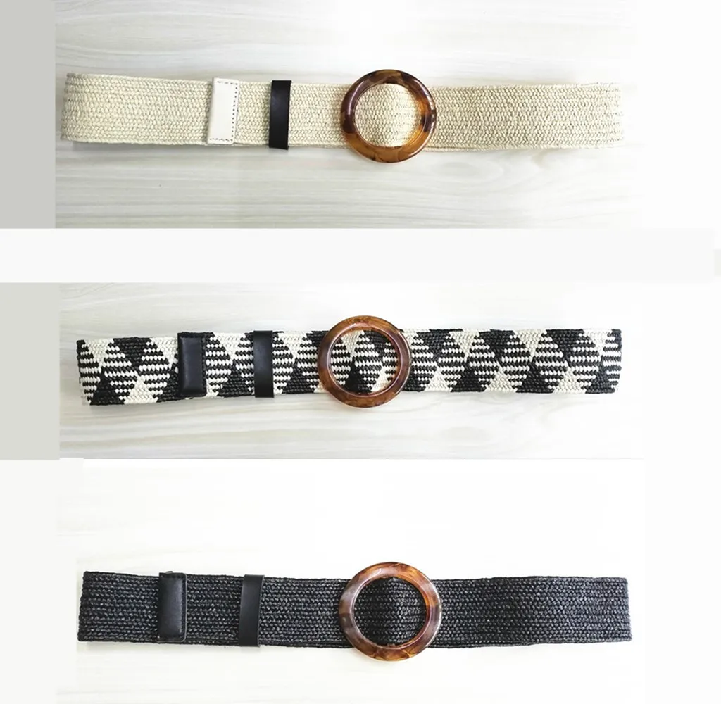 

Vintage Knitted Beige Belt for Women Rope Waist Resin Belt Buckle Woven Female Elastic Braided Corset Belt Holographic Leather