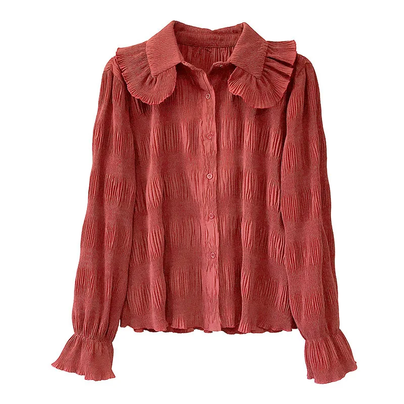 

PERHAPS U Women Peter Pan Collar Chiffon Blouse Shirt Long Sleeve Ruffle Sweet Solid Red White B0444