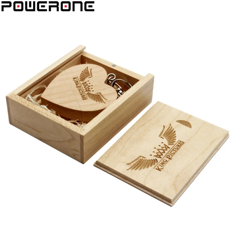 Usb флеш накопитель POWERONE деревянный в форме сердца с коробкой 64/32/16/8/4 ГБ|usb with box|heart