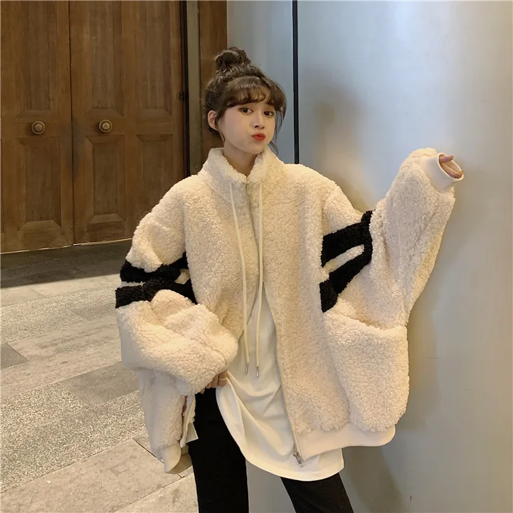 

2021 New Women'S Autumn Jacket Loose Oversized Casual Baseball Suit Thickened Lamb Plush Winter Jacket B719