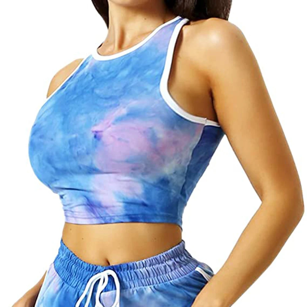 

Женский спортивный костюм из двух предметов, модный жилет с круглым вырезом и высокой талией, шорты на завязках