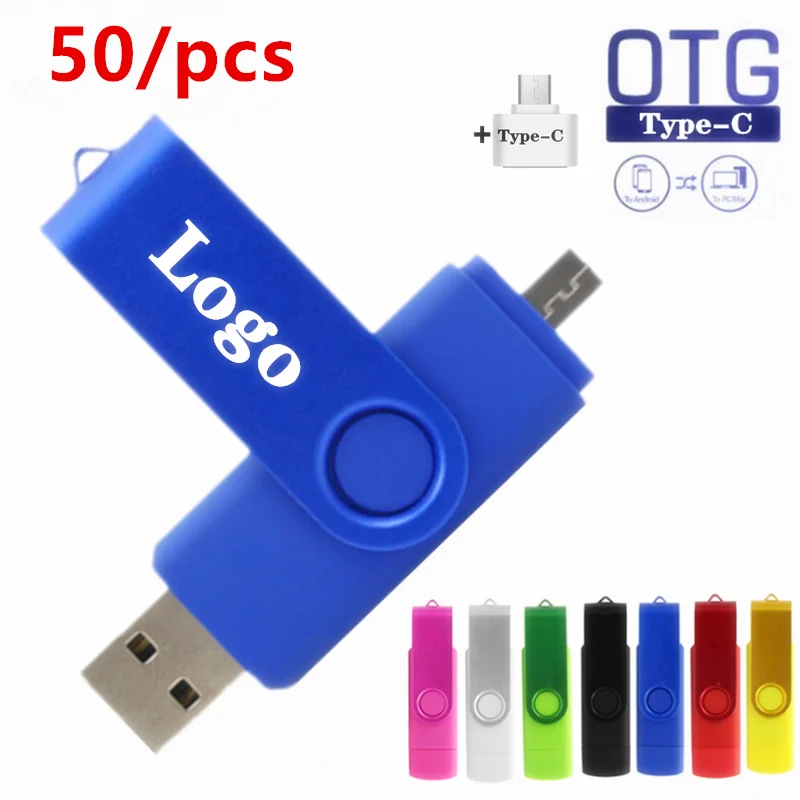 50pce Pen Drive Metal OTG Type-C Usb Flash Drive 2.0 Flash Disk Cle Usb Stick 128MB 512MB 4/8/16/32G Pendrive Flash Memory Card