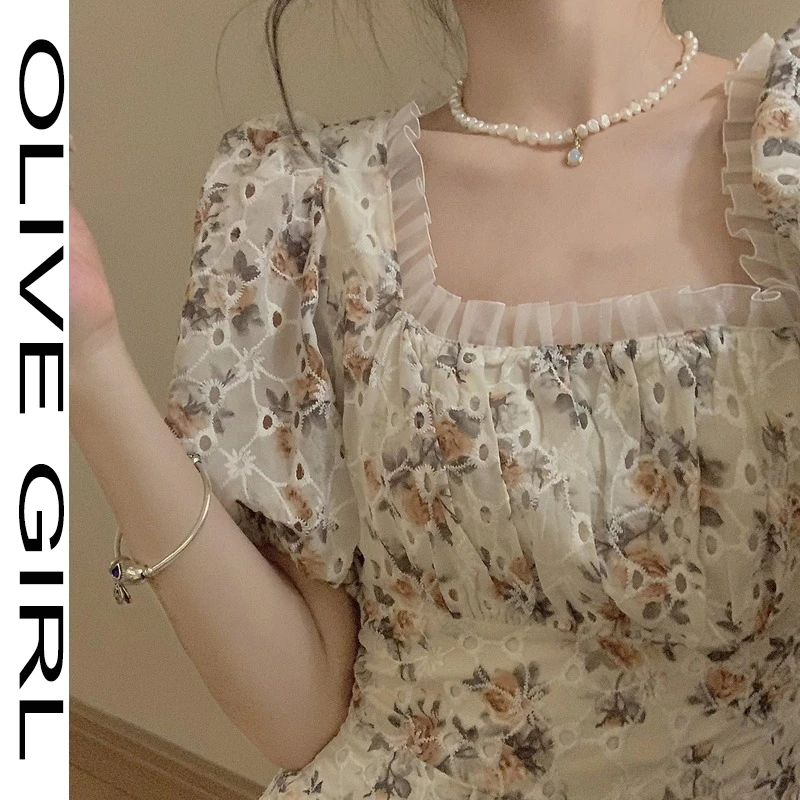 

Women Sweet French Vintage Floral Dress Girl Summer Retro Lace Up Elegant Midi Dress Casual Puff Sleeve Party Dresses 2021