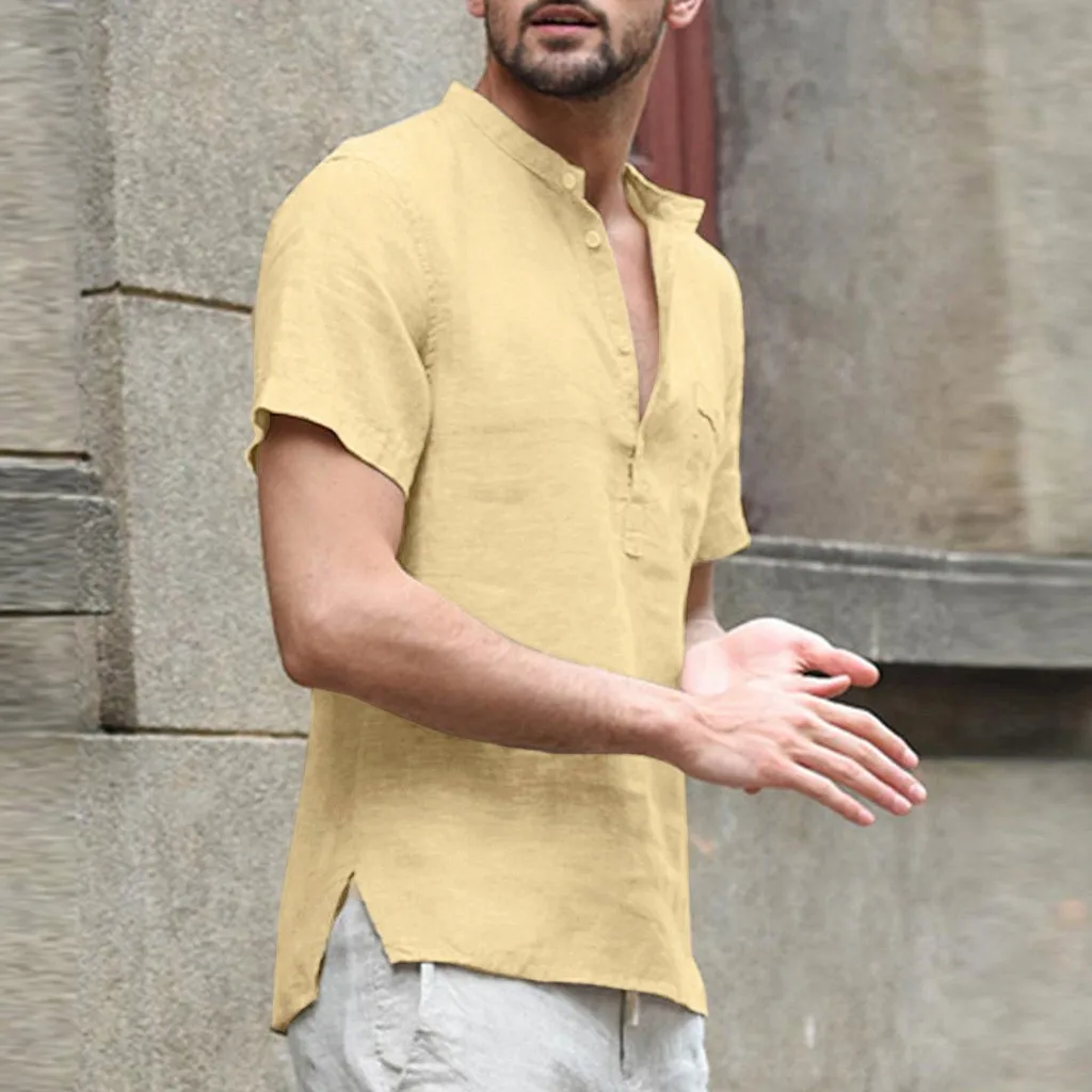 

2021 летние однотонные мужские рубашки мешковатые из хлопка и льна с эллипсоида Цвет футболки с коротким рукавом, топы, блузка с воротником-ст...