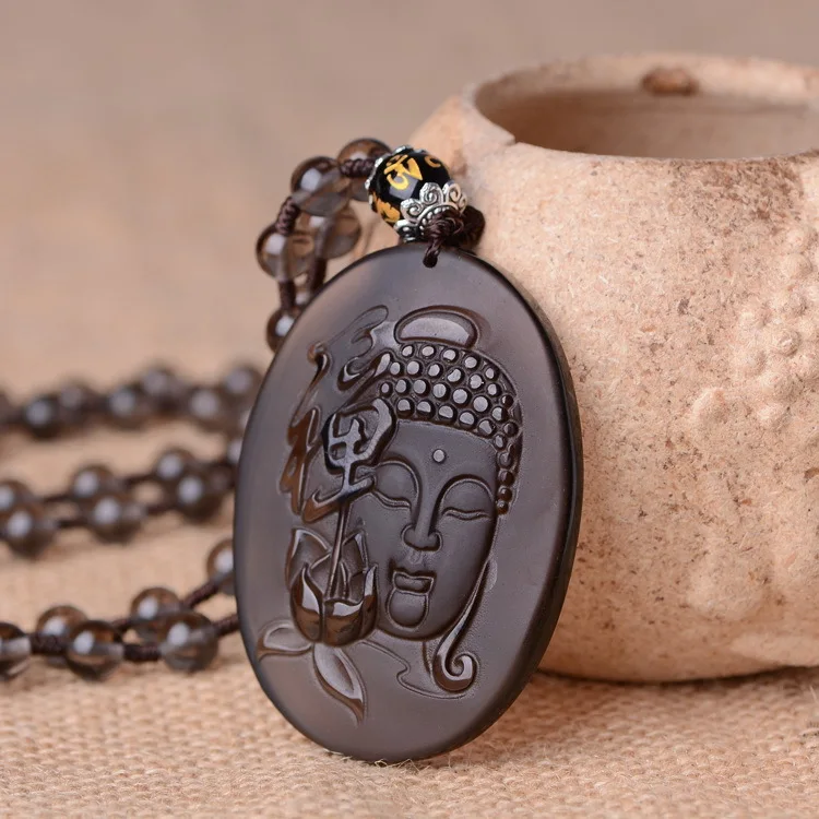 

Beautiful Natural Black Ice Obsidian Carved Chinese Lotus GuanYin Amulet Lucky Pendant + Black Beads Necklace Charm Gift Jewelry