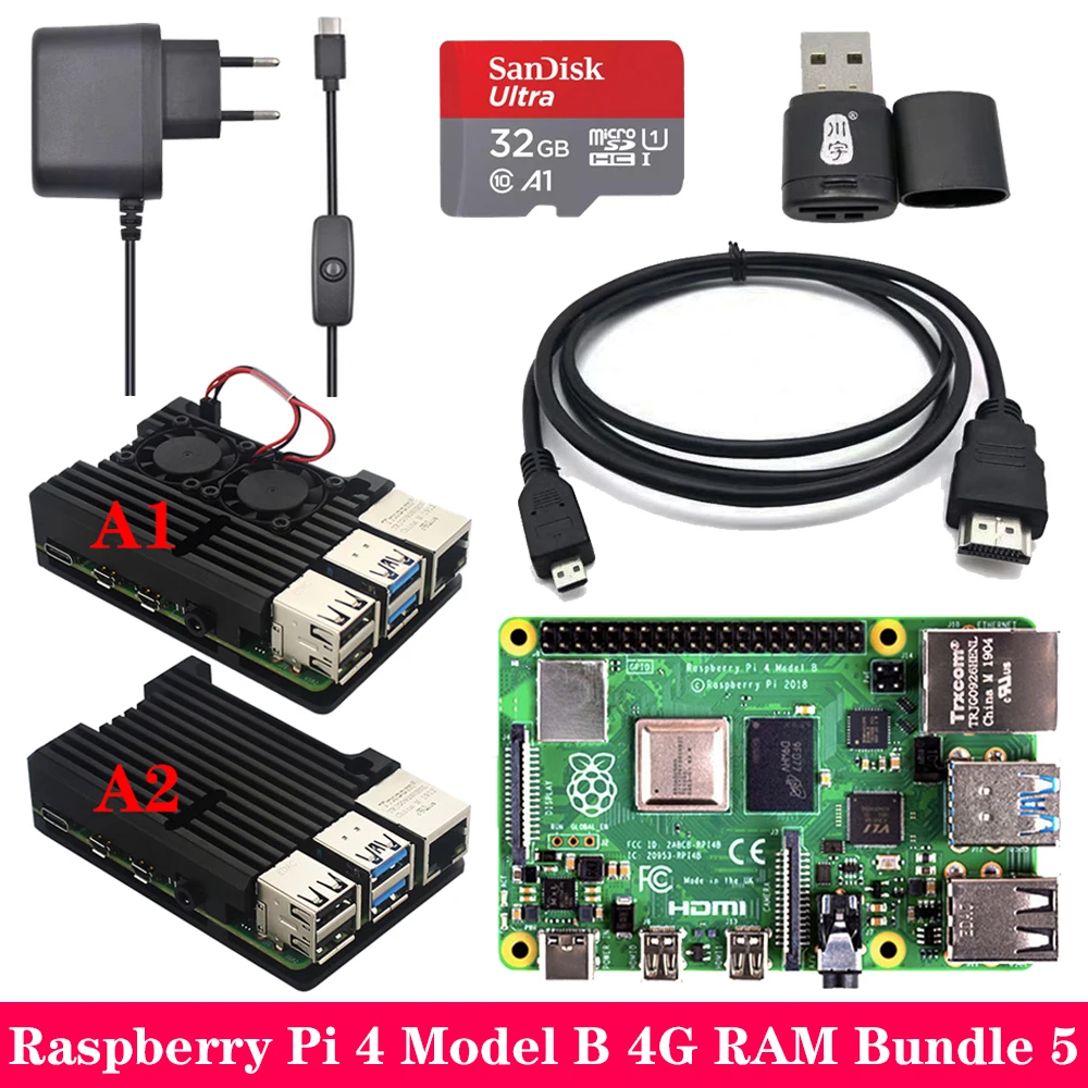 Raspberry Pi 4 2 ГБ 4 ГБ ОЗУ+ алюминиевый корпус 3A адаптер питания Micro HDMI кабель для Raspberry Pi 4 Модель B Pi 4B