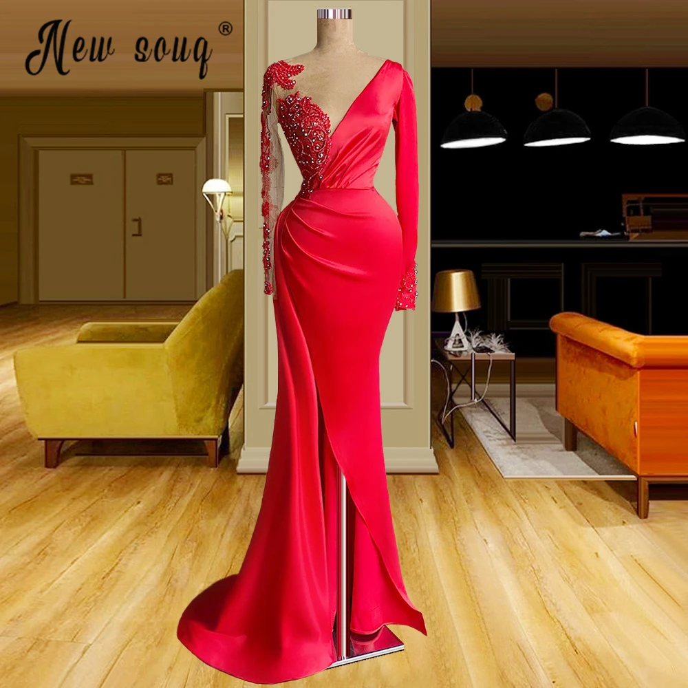 

Arabic Evening Dresses Red Mermaid Special Occasion Dresses with Split Side Women Satin Long Prom Gowns Celebrity Dress for Par