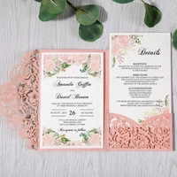50pcs pink laser cut floral invitation cards for wedding party quinceanera anniversary birthday cw0008