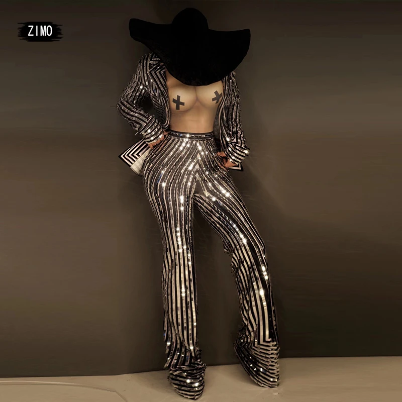 

2 piece Women Silver Sequin jumpsuit coat Suit Singer Punk Nightclub party Jazz Dance Costume drag queen Stage club outfits rave