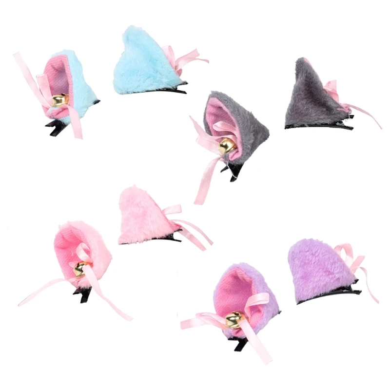 Cat Ears Cosplay Hair Clips with Bell Bowknot Anime Lolita Fluffy Plush Hairpins F3MD