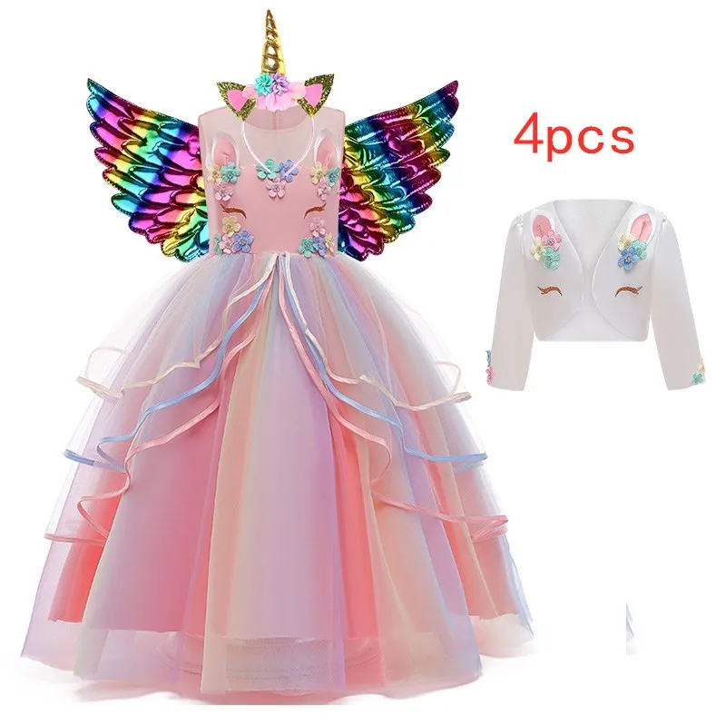 2021 Big Kids Long Dress Colorful Net Gauze Cake Puffy Unicorn Girl Festive Performance 4-14T dress up | Детская одежда и обувь
