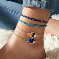 4 pcsset 2021 boho blue oily fish shape pendant anklet colorful braided ethnic style charm anklet set trendy jewelry gift