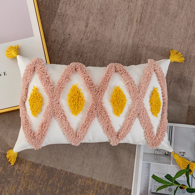 

Pink Cushion Cover Ivory Pillow Cover 45x45cm/30x50cm Tassles Diamond Boho Style Home Decoration for Sofa Bed Chair Living Room